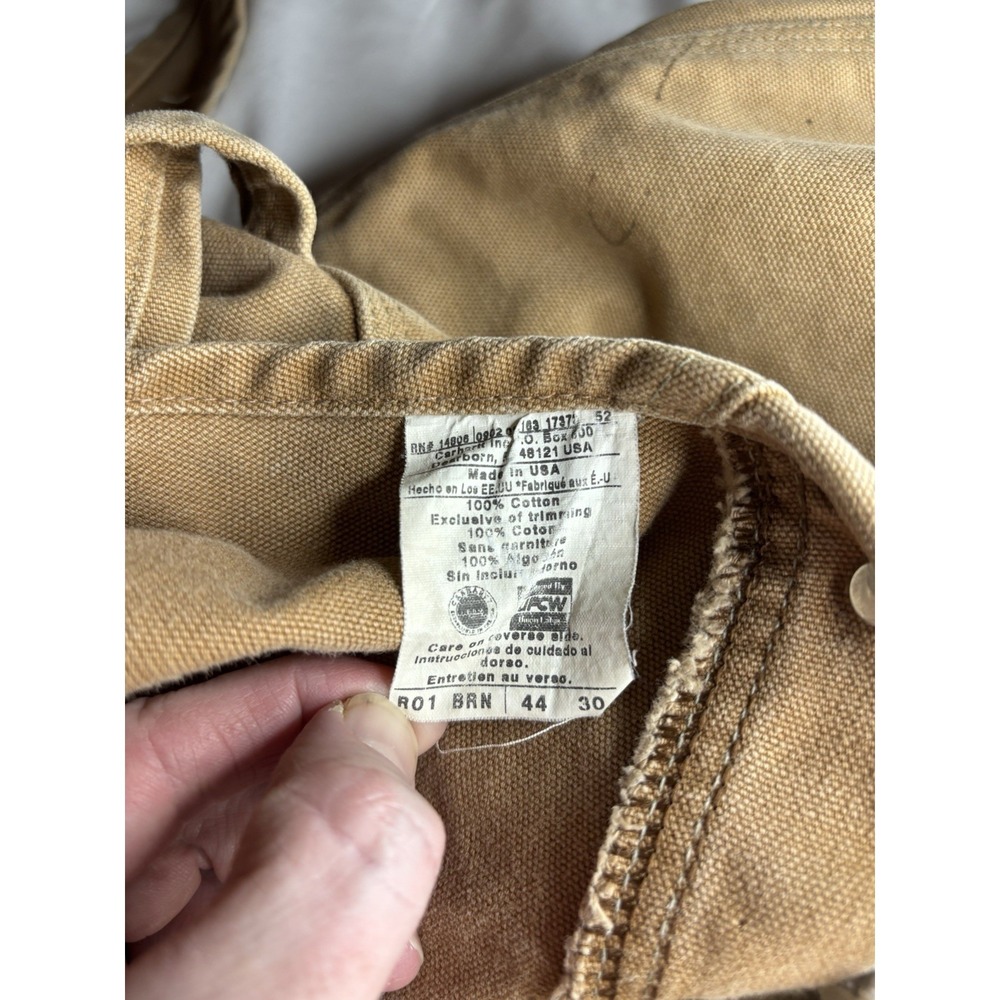 Vintage Carhartt Men's R01BRN Duck Bib Overall 44x30 Tan Double Knee Made in USA - Picture 8 of 8